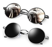 KANASTAL Occhiali da Sole Due Neri Rotondi Uomo Donna Polarizzati Steampunk Tondi Cerchio Circolari Scuri 2 Paia Vintage Piccoli Retro Metallo Black Sunglasses Men -Nero Opaco + Neri Argento