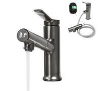 KANBCNG Rubinetto da bagno con doccetta estraibile, rubinetto per lavabo ad | Rubinetto digitale estraibile, miscelatore monocomando per acqua fredda e calda, grigio canna di fucile