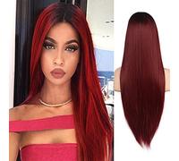Kaneles Parrucca da donna, colore rosso vino, con capelli lunghi e lisci, ultra morbida, resistente al calore, accessorio per feste e cosplay (rosso vino sfumato)