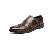 Kanggrei Scarpe Oxford Eleganti da Uomo, Slip-on, Punta affilata, Brogue, Punta a Coda di Rondine in Rilievo, Doppio Cinturino Monk, Pelle PU, Tacco a Blocco, Casual(Marrone,39 EU)