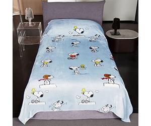 Kanguru - Plaid Singolo, Snoopy, 130x230 cm, Coperta per Letto, grigia, soffice pile, misura singola, 1 piazza, idea regalo natale bambino bambina, idee compleanno, cameretta, Peanuts, Celeste