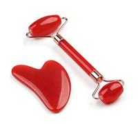 KANLVU Set Di Strumenti Per Il Viso Con Rullo Di Giada Per Il Viso E Gua Sha, Massaggiatore Per Il Drenaggio Linfatico, Levigatura Delle Rughe Sottili, E Raffreddamento Della Pelle Del Viso(Red)