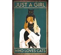 Kanni Poster retrò con gatto nero magico, cartello in metallo con scritta in lingua inglese "Who Loves Cats", decorazione artistica da parete in alluminio, 43 x 30 cm, 30,5 x 43,2 cm