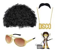 KANOSON Accessori Hippie Uomo - 4 Pezzi Disco Anni 80 Set: Parrucca Afro, Occhiali, Baffi Finti, Collana - Costume Anni 70 per Festa Carnevale
