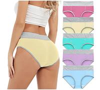 Kanpola, 5 mutandine da donna, patchwork, elasticizzati, a vita alta, non scolorisce, comode e traspiranti, confezione multipla, H - 1 X rosso pesca + 1 X giallo + 1 X verde + 1 X viola + 1 X azzurro,