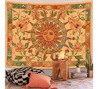 Kanuyee Arazzo giallo con sole e luna, vintage, indie, bohémien, da appendere alla parete, con girasoli, farfalle, falene, costellazioni, arazzo estetico da parete per decorazione della stanza (89,5
