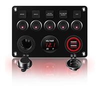KAOLALI Pannello Interruttori Barca con 5 interruttori, IP65 Impermeabile Dual USB Caricatore Presa Accendisigari 12V/24V LED Interruttore a bilanciere per Barca RV Auto Camion Rimorchio Yacht (Rosso)