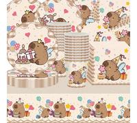 Kapibara - Set di stoviglie per feste, 61 pezzi, colore beige e marrone, decorazione di compleanno, tovaglie, bicchieri di carta, tovaglioli, piatti di carta, adatto per 20 ospiti