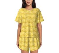 KAPPTYY Giallo Limone Stampato Delle Donne A Maniche Corte Pigiama Set Con Bottone Frontale E Coulisse Pantaloncini Estate Traspirante Loungewear Per Il Sonno, Gite Casual, Nero , 4XL