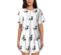 KAPPTYY Mucca In Bianco E Nero Stampato Delle Donne A Maniche Corte Pigiama Set Con Bottone Frontale E Coulisse Pantaloncini Estate Traspirante Loungewear Per Il Sonno, Gite Casual, Nero , S