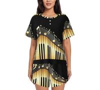 KAPPTYY Romanzo Nota Musicale Stampato Delle Donne Manica Corta Pigiama Set Con Bottone Frontale E Coulisse Pantaloncini Estate Traspirante Loungewear Per Il Sonno, Gite Casual, Nero , 4XL