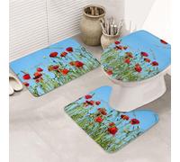 KAPPTYY Set di 3 tappeti da bagno con stampa papaveri su cielo, 80 x 50,8 cm, tappetini antiscivolo per suite, casa vacanze, tappeti assorbenti