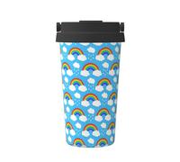 KAPPTYY Tazza da caffè riutilizzabile con coperchio con stampa a gocce di pioggia arcobaleno e nuvole, alla moda, in acciaio inox, ideale come regalo