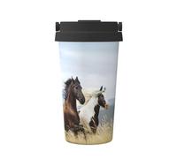 KAPPTYY Tazza da caffè riutilizzabile con coperchio con stampa artistica di cavalli che corrono, alla moda, in acciaio inox, per bevande calde e fredde, regalo ideale