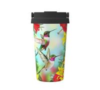 KAPPTYY Tazza da caffè riutilizzabile con coperchio con stampa di ibisco con fiori rossi, colibrì, alla moda, in acciaio inox, per bevande calde e fredde, regalo ideale
