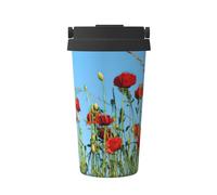 KAPPTYY Tazza da caffè riutilizzabile con coperchio, con stampa di papaveri sul cielo, alla moda, in acciaio inox, per bevande calde e fredde, regalo ideale