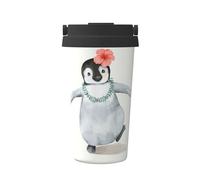 KAPPTYY Tazza da caffè riutilizzabile con coperchio con stampa di pinguino che indossa fiori, alla moda, in acciaio inox, per bevande calde e fredde, regalo ideale