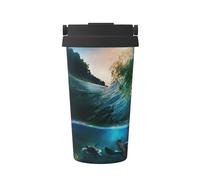 KAPPTYY Tazza da caffè riutilizzabile con coperchio con stampa subacquea con palme e tartarughe marine, alla moda, in acciaio inox, ideale come regalo