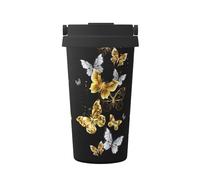 KAPPTYY Tazza da caffè riutilizzabile con coperchio, in acciaio inox, con stampa di farfalle bianche e dorate, per bevande calde e fredde, regalo ideale