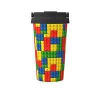 KAPPTYY Tazza da caffè riutilizzabile con stampa a mattoncini colorati, con coperchio, alla moda, in acciaio inox, per bevande calde e fredde, regalo ideale