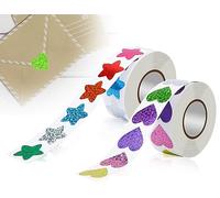 KAPSING 2 rotoli di adesivi per bambini, adesivi autoadesivi a forma di stella piccola e adesivi a forma di cuore, adesivi a stella da 500 pezzi e adesivi colorati a forma di cuore da 500 pezzi