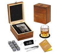 KAQ,Set regalo per uomo con pietre da whisky e vetro, 8 pietre naturali da whisky, 1 bicchiere da whisky con 1 biglietto di benedizione in una scatola di legno vintage, regalo per lui, marito, uomini
