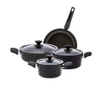 Karaca BlackGold - Set di pentole e padelle antiaderenti, 3 pentole in biogranite con 3 coperchi in vetro e 1 padella in granito, senza PFOA, lavabili in lavastoviglie, pentole e padelle