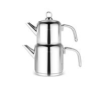 Karaca New Mani - Set di teiera turca in acciaio inox con coperchio, teiera turca da 1 litro e serbatoio dell'acqua da 2 litri), teiera midi e bollitore a induzione, argento