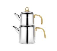 Karaca New Mira - Set di teiera turca in acciaio inox con coperchio, teiera turca da 1 litro e serbatoio dell'acqua da 2 litri), bollitore per tè midi e bollitore a induzione, oro