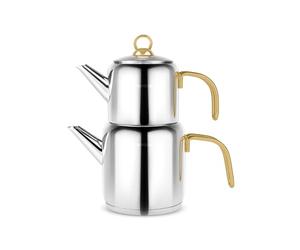 Karaca New Mira - Set di teiera turca in acciaio inox con coperchio, teiera turca da 1 litro e serbatoio dell'acqua da 2 litri), bollitore per tè midi e bollitore a induzione, oro