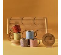 Karaca Set di tazze da caffè colorate in bambù, per 6 persone, 90 ml, con vassoio per caffè turco, tazza per moca, tazze da caffè