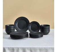 Karaca Solem - Servizio da tavola in grès porcellanato goffrato, per 6 persone, lavabile in lavastoviglie, adatto al microonde, piatto piano, piatto fondo, colore: nero