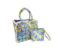 KARAMELL Set 2 Pezzi Borsa da Spiaggia con Pochette in Canvas, Fantasia Multicolore, 36x30,5x25 cm e 23x18x6 cm (Multicolore (Bianco, Azzurro, Giallo))