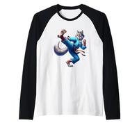 Karate Wolf Calcio Feroce Blu Gi Pose Maglia con Maniche Raglan