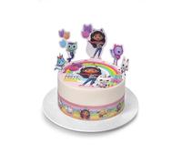 Kardasis Gabby's Dollhouse Cialda per Torte in Pasta di Zucchero con Figure di Carta - Ostia Decorativa Commestibile per Torta - Divertenti Decorazioni per Torte - 20 cm + 4 Nastri + 5 Figure