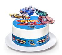 Kardasis Hot Wheels Cialda per Torte in Pasta di Zucchero con Figure di Carta - Ostia Decorativa Commestibile per Torta - Divertenti Decorazioni per Torte - 20 cm + 3 Nastri + 4 Figure