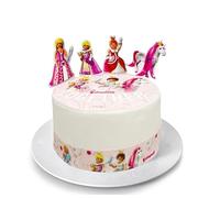 Kardasis Playmobil Princess - Decorazione per torta con figure di carta, disco di Azyme Commestibile, decorazione per compleanno principessa, 20 cm + 4 strisce 28 x 4 cm + 4 statuette