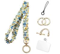 KARENSKEYS Cordini Lanyard Scrunchie per Distintivi e Chiavi, Cordino da Collo Elastico Carino per Insegnanti con Linguetta per Donne. (Stampato floreale blu e giallo)