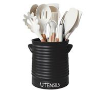 Karisky Kitchen Utensil Holder for Countertop, 6.2" Large Ceramic Utensil Crock with Cork Mat, Handles, Modern Cooking Tool Spatula Organizer for Kitchen Counter Decor, Matte Black
