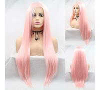 Karissa - Cime da donna, colore rosa pastello pastello con cuneo frontale in pizzo, capelli lunghi e dritti, rosa con capelli naturali, in fibra resistente al calore, per cosplay e feste, 24 pollici