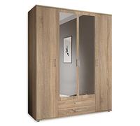 KARL, Elegante armadio a 4 ante molto capiente, versatile con ante a battente, effetto rovere Sonoma, con ante a specchio, 160 x 196 x 54 cm, L x A x P