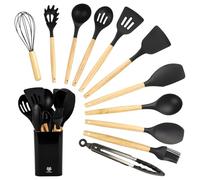 KARL HAUSMANN Set di utensili da cucina, colore nero, 12 pezzi, utensili da cucina in silicone, set di posate da cucina con blocco, resistente al calore, manico in legno, set da cucina Anithaft