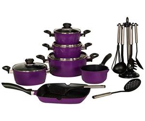 Karl Krüger - Batteria pentole e accessori in alluminio pressofuso, 17 pz, 4 pentole, 4 coperchi in vetro, 1 pentolino, 1 bistecchiera, 6 accessori da cucina con supporto, diversi colori a scelta lilla