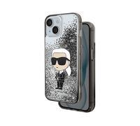KARL LAGERFELD Floating ikonik glitter COVER per Apple iPhone 15 Plus, Argento