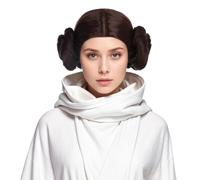 Karlery Parrucca corta da donna marrone scuro con due panini costume adulto parrucca resistente al calore in fibra sintetica Brethable per Halloween Cosplay costume festa