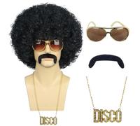Karlery Parrucca corta nera con baffi e occhiali e collana dorata per uomini e donne, parrucca da discoteca afro hippie per festa di Halloween