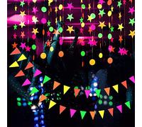 KARLOR Decorazione per feste con luce nera, al neon, ghirlande decorative a forma di stella, punto circolare, ghirlande di carta luminose sotto la luce UV, accessori per feste (4.4 metri/3 motivi)