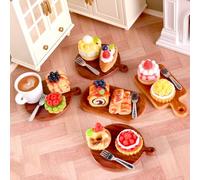 KARLOR Set di 21 mini torte da caffè, croissant, torte di mele con piatto, cucchiaio, in miniatura, dessert e lamponi, torte di mirtilli, mini alimenti, bevande, dolci, mini scena, decorazione da