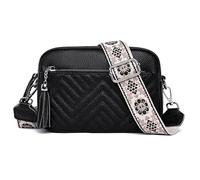 Karoukee Borsa a Tracolla in Vera Pelle per Donna, Borsetta Elegante con 3 Tasche Separate, Borsa a Spalla Piccolo Design Trapuntato a Losanghe, con Traversa Larga con Motivo Floreale - Nero
