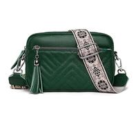 Karoukee Borsa a Tracolla in Vera Pelle per Donna, Borsetta Elegante con 3 Tasche Separate, Borsa a Spalla Piccolo Design Trapuntato a Losanghe, con Traversa Larga con Motivo Floreale - Verde